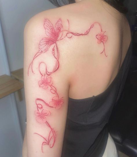 momo__poke Red Ink Tattoos Fine Line, Big Shoulder Tattoo, Stick Poke, Letters Tattoo, Tattoos Infinity, Pink Tattoo, Small Pretty Tattoos, Tattoos For Black Skin, Tattoos Geometric