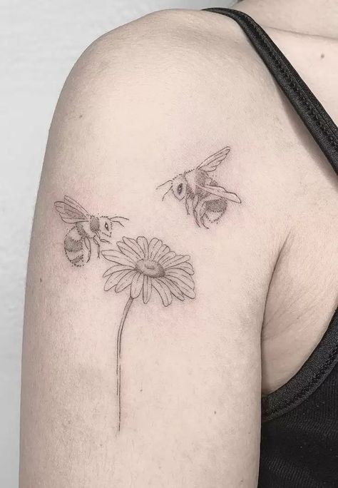 The Meaning of Daisy Tattoos: A Guide to Interpretations Daisy And Bee Tattoo, Gerber Tattoo, Watercolor Daisy Tattoo, Gerber Daisy Tattoo, Gerbera Daisy Tattoo, White Daisy Tattoo, Daisies Tattoo, Daisy Tattoo Meaning, Bee And Flower Tattoo