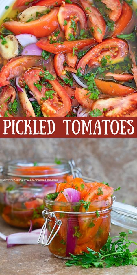 How to pickle tomatoes and preserve your summer tomatoes. Preserve Tomatoes, Pickled Tomatoes, Preserving Tomatoes, Vegan Pot Pies, Vegetarian Brunch, Vegetarian Comfort Food, Farmers Market Recipes, Quick Pickled, Tomatoes Recipe