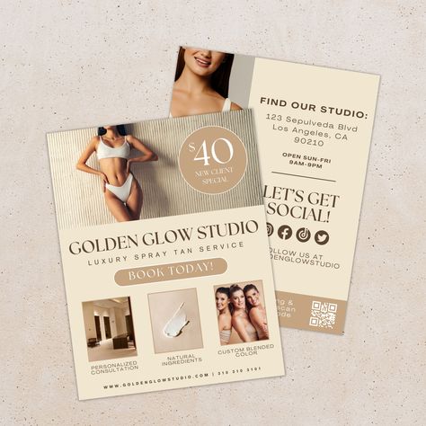 Attention Glow Getters! Market your Spray Tan Business with this Spray Tan Business Promotional Flyer Design. This beige, neutral aesthetic, US Letterhead sized Business Flyer is a stylish, sophisticated, stand-out design that will catch the eye of potential clients for your spray tanning services!   Whether your brand exudes elegance, warmth, or modern simplicity, these neutral hues ensure versatility and a polished look. This design can also be easily edited for other beauty professions such as estheticians, wax specialists, eye-lash technicians. Showcase your services and promotions - Whether it's a discounted package, loyalty program, or new client special, this template lets you highlight what makes your spray tan services exceptional. With a clear and compelling call-to-action, this Beige Neutral Aesthetic, Promotional Flyer Design, Tanning Business, Spray Tan Business, Airbrush Tanning, Promotional Flyers, Neutral Aesthetic, Spray Tan, Canva Tutorial