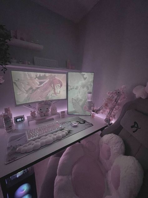 Room Ideas Soft Aesthetic, Dream Setup Gaming, Y2k Desk Setup, Pink And White Pc Setup, Pc Decoration Ideas, Gaming Bedroom Aesthetic, Bedroom Computer Desk Ideas, Gaming Pc Setup Ideas, Desk Pc Setup