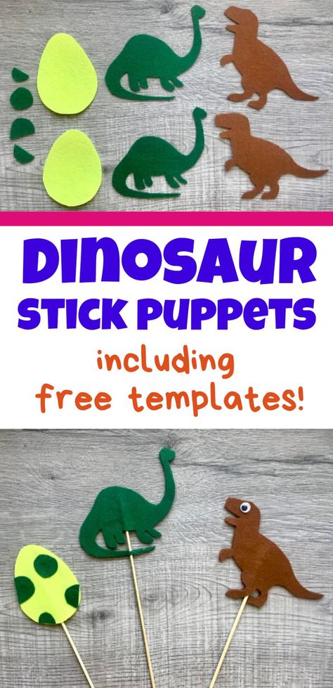 Easy Kids Crafts -- Dinosaur & Egg Stick Puppets -- These puppets are made of felt and skewers or popsicle sticks. Includes free templates Fun Easy Crafts For Kids, Dinosaur Crafts Kids, Crafts Dinosaur, Crafts For Kids Easy Diy, Stick Puppet, Dinosaur Puppet, Felt Dinosaur, Make A Dinosaur, Easy Preschool Crafts