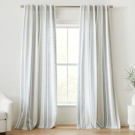 West Elm Curtains Bedroom, Stripped Fabric Curtains, Striped Curtains Target, West Elm Bomu Curtains, Blue Curtains Bedroom, Blue Curtains Living Room, Light Blue Curtains, Blue And White Curtains, Beach Curtains