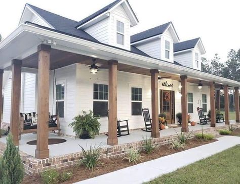 Wood Beams Outside Of House, L Shape Porch Ideas, White Rustic House Exterior, White House Black Windows Wood Accents, White Farmhouse With Shutters, Small Farmhouse Exterior Ideas, Remodel Front Of House, Brick Exterior Farmhouse, Wood And White House