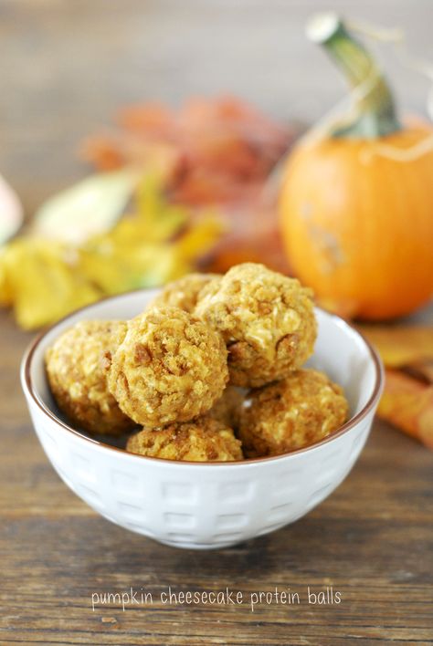 pumpkin cheesecake protein balls 1 Cheesecake Protein Balls, Healthy Pumpkin Dessert, Spice Cheesecake, Protein Ideas, Healthy High Protein Snacks, Cheesecake Balls, Pumpkin Spice Cheesecake, High Protein Low Carb Recipes, Protein Bites