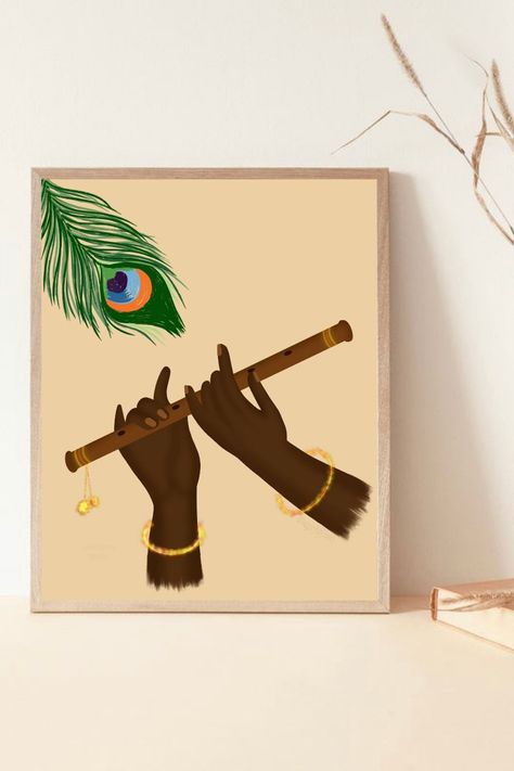 Peacock Feather Wall Decor, Flute Wall, Art Krishna, Art Peacock, Feather Wall Decor, Indian Wall Art, Krishna Flute, South Asian Art, Art Decor Diy