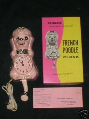 KIT KAT POODLE CLOCK/ JEWELED PINK/ BOX-GUARENTEE CARD! | #20032611 Kitschy Style, Kitschy Aesthetic, Kit Kat Clock, Kit Cat Clock, Novelty Clocks, Kitschy Decor, French Poodle, Cat Clock, Vintage Poodle