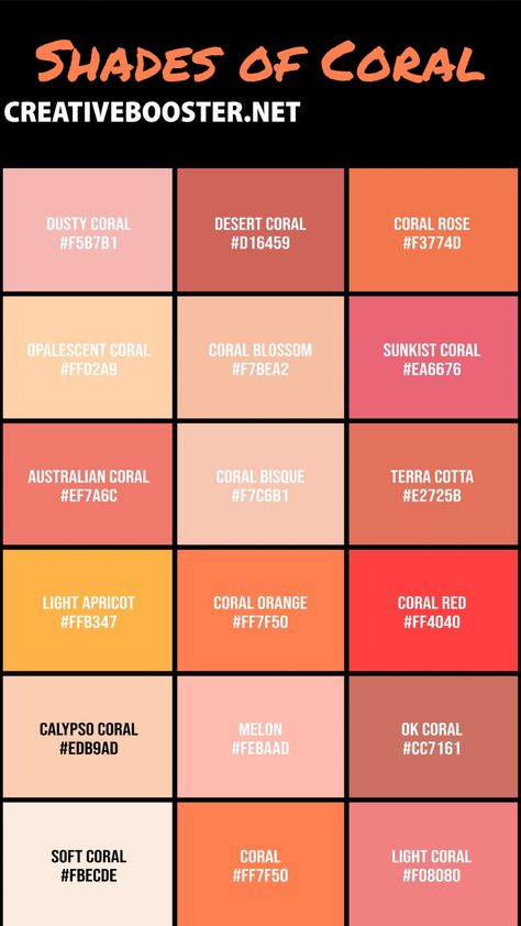 35th Anniversary Ideas, Color Palette Coral, Colour Shade Card, Africa Photos, Coral Colour Palette, Coral Shades, Beach House Colors, Colour Codes, Coral Colors