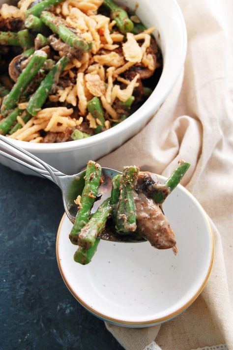 Vegan, Gluten-Free Green Bean Casserole | Nutrition to Fit Vegetarian Green Bean Casserole, Gourmet Green Bean Casserole, Simple Green Bean Casserole Recipe, Gluten Free Green Bean Casserole, Fresh Green Bean Casserole, Best Green Bean Casserole, Green Beans Mushrooms, Classic Green Bean Casserole, Green Bean Casserole Easy