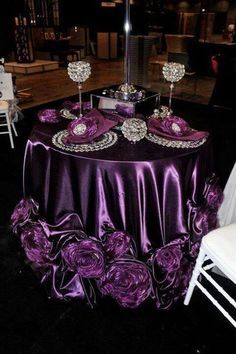 Purple satin tablecloth with rosette for sweetheart table Wedding Table Settings Purple, Wedding Table Decorations Purple, Purple Table Settings, Event Decor Direct, Purple Table, Wedding Purple, Tafel Decor, Wedding Table Linens, Wedding Event Design