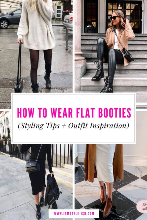 Flat Booties With Dress, Flat Ankle Boots With Dress, Low Heel Booties Outfit, Flat Boots For Women Casual Outfits, Flat Booties With Jeans, Flat Boots With Dress, Flat Boots Outfit Ankle, Brown Flat Boots Outfit, Flat Black Ankle Boots Outfit