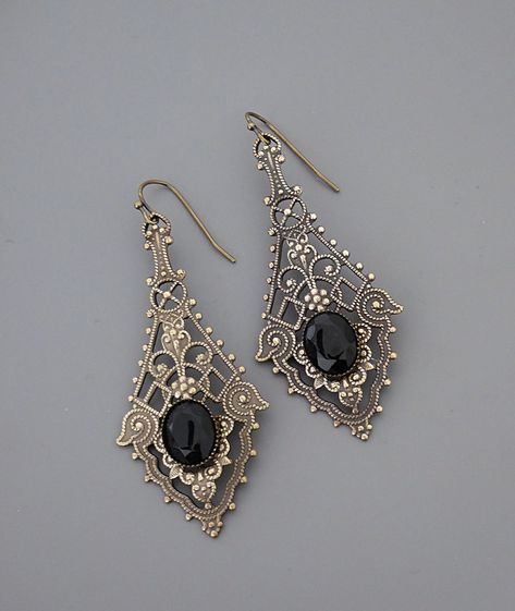 "Vintage Jewelry - Vintage Earrings - Art Nouveau Earrings - Black Stone Earrings - Filigree Earrings - Brass Earrings - handmade jewelry These are such exquisite earrings! Gorgeous long vintage brass intricate lacy earrings embellished with a jet black faceted glass stone. Chloe says, \"Wear them and feel fabulous!\" They measure a stunning 2 1/2\" long from the top of the ear wire. Thanks for visiting Chloe's" Brass Earrings Handmade, Art Nouveau Earrings, Black Stone Earrings, Staple Earrings, Bijoux Art Nouveau, Art Nouveau Earring, Vintage Inspired Earrings, Earrings Art, Filigree Earrings