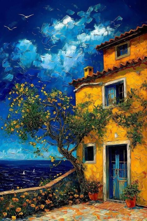 Canvas Art Projects, Italy Painting, Yellow House, Cottage Art, Landscape Art Painting, Watercolor Landscape Paintings, Amazing Art Painting, Naive Art, Dreamy Art