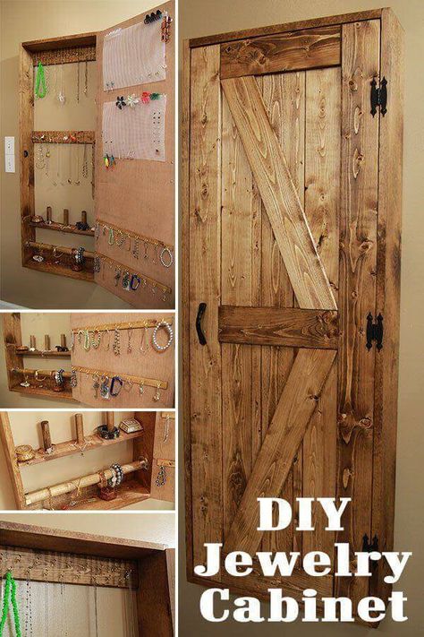 31+ DIY Rustic Organizing and Storage Projects For A Beautiful Home - Farm.Food.Family Diy Jewelry Cabinet, Jewerly Box Diy, Closet Diy, Jewerly Organizer, Jewelry Storage Diy, Jewelry Box Diy, Rustic Storage, Jewelry Organizer Diy, Diy Barn Door