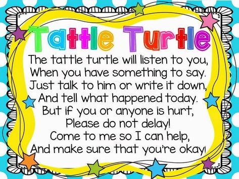 Tattle turtle mini-poster to pair with a stuffed animal turtle and a "tattle box" for writing tattles. Tattle Turtle, Tattling In The Classroom, Tattling Vs Telling, Teaching Decor, Turtle Classroom, Under The Sea Classroom, Turtle Poster, Preschool Boards, Ocean Classroom