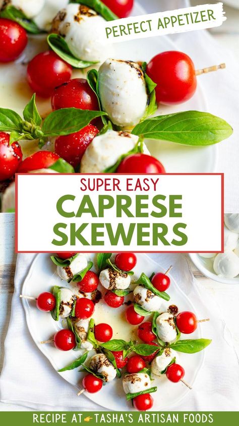 caprese salad skewers being served Salad Screwers, Tomato Mozzarella Basil Skewers, Appetizer Skewers For Party, Mini Caprese Skewers, Holiday Skewers, Skewers Appetizers Cold, Caprese Skewers Appetizers, Sandwich Skewers, Tomato Mozzarella Skewers