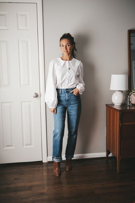 Thanksgiving Outfit Ideas - Stitch & Salt Peter Pan Collar Shirt Outfit, Cuffed Straight Leg Jeans Outfit, Peter Pan Collar Outfit, Vintage Wood Dresser, Collared Shirt Outfits, Sweater And Jeans Outfit, Collar Outfits, Casual Thanksgiving Outfits, Straight Leg Jeans Outfits