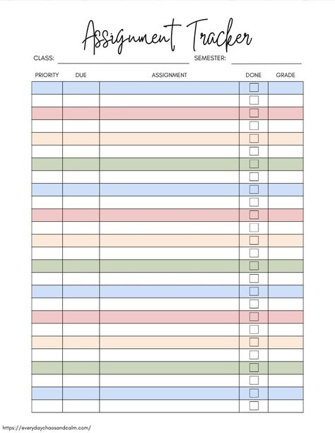 Free Printable Assignment Trackers For Students Assignments Tracker, Assignment Tracker Printable Free, College Assignment Tracker, Google Sheet Assignment Tracker, College Assignment Tracker Excel, Assignment Tracker, School Homework, More Organized, Professional Templates