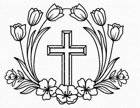 Cross And Flowers Drawing, Cross Svg, Faith Svg, Easter Religious, Religious Cross, Cross Art, Christian Symbols, Easter Flowers, Christian Svg