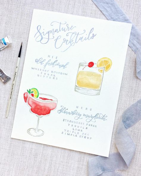 Custom Signature Drinks Watercolor Sign from Rebecca Green Design #watercolorpainting #brushlettering #moderncalligraphy #signaturedrinks #weddingsigns #customweddinginvitation #customweddingstationery #customweddinginvitations #custominvitations #weddinginspiration #weddinginspo #paperlove #risingtidesociety #pursuepretty #theheartfeltgrid #stylemepretty #smpweddings #bespokestationery #bespokeweddings #fineartwedding #fineartcalligraphy Watercolor Signature Drink Sign, Wedding Sign Watercolor, Watercolor Wedding Signage, Watercolor Signage, Drinks Watercolor, Watercolor Sign, Wedding Bar Signage, Watercolor Menu, Artist Wedding