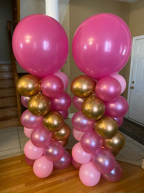 12 Shades Of Pink Party, Pink And Gold Sweet 16 Decorations, Pink Gold Balloon Arch, Pink And Gold Balloon Arch, Hoco Decorations, Pink And Gold Party Decorations, Pink And Gold Balloons, Ballon Column, Pink Balloon Arch