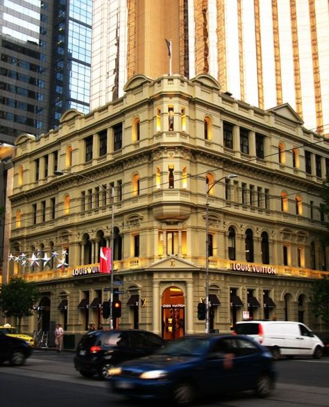 Louis vuitton store on collins street in Melbourne. ❤ the amazing contrast between victorian era architecture and modern skyscrapers in the background Victorian Era Architecture, Scale Model Architecture, Melbourne Architecture, Model Architecture, Modern Skyscrapers, Classic Building, Louis Vuitton Store, Melbourne Cbd, Historic Homes