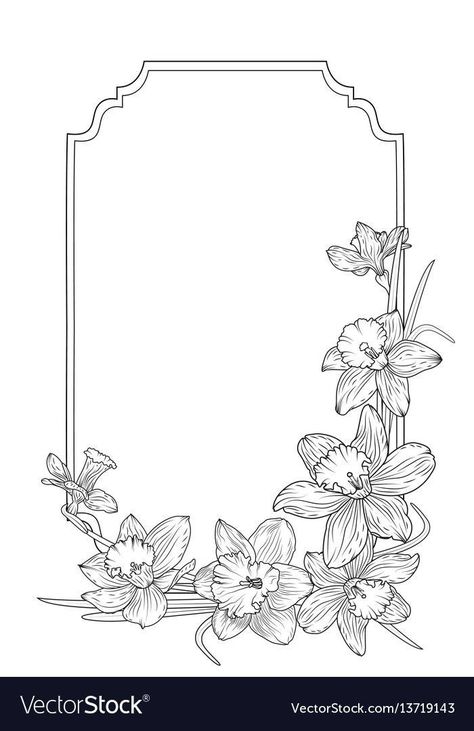 Floral Border Black And White, Daffodil Border Designs, Flower Edge Border Drawing, Border Coloring Pages, Frame Border Design Black And White, Corner Paper Design, Border Illustration Frames, Paper Corner Designs, Frame Design Border Drawing