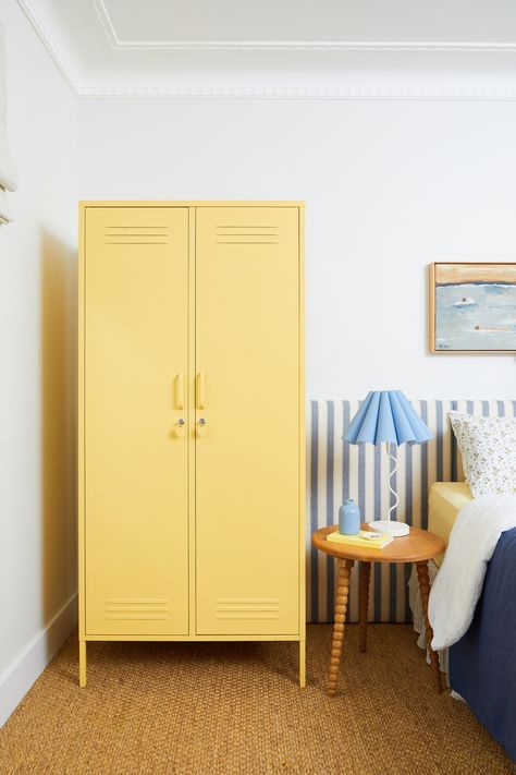 Maximise your wardrobe space and create additional clothing storage with The Twinny locker in the new shade Butter. Butter is a pastel with depth and a decadent take on the classic French Provincial colour. Create a soft and cosy space with this mellow yellow that is surprisingly rich.   #mustardmade #mustard #lockers #storage #furniture #homeorganisation #homestorage #wardrobe Mustard Made, Home Lockers, Inside Doors, Door Locker, Colorful Storage, Metal Lockers, Perfect Bedroom, Bedroom Wardrobe, Hanging Rail