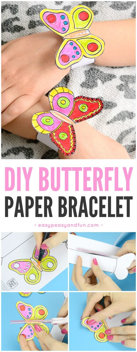 DIY Butterfly Paper Bracelets for Kids #papercrafts #butterflycrafts #Springcrafts Diy Papillon, Paper Bracelets, Bracelet Template, Bracelets For Kids, Paper Bracelet, Airplane Crafts, Insect Crafts, Origami Butterfly, Butterfly Kids