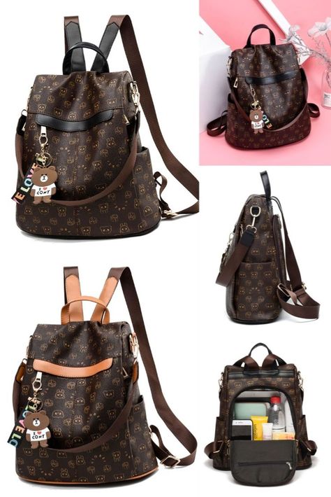 Fashion Cartoon Bear Print PU Multi-function Handbag Satchel Bags School Backpack For Women Shopping Backpack Trendy Leather Bags, High School Bags, Cute Suitcases, High School Backpack, Cute School Bags, School Rucksack, Retro Backpack, Fashion Cartoon, Backpack For Women