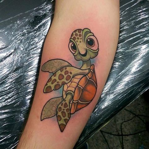 Squirt Tattoo From Finding Nemo Movie Finding Nemo Tattoo, Nemo Tattoo, Dory Tattoo, Maori Tattoo Meanings, Nemo Movie, Finding Nemo Movie, Swimming Tattoos, Left Arm Tattoos, Disney Sleeve