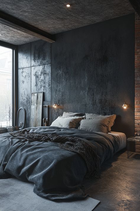 ♥ Are you looking to refresh your home bedroom with a touch of industrial style? Dive into the charm of this modern industrial bedroom, featuring industrial decor and rustic industrial elements. Perfect for urban dwellers and lovers of industrial interior design, this bedroom exudes a cozy and moody ambiance. Explore loft apartment aesthetic and vintage industrial decor for your bedroom refresh now! 🏙️🛏️ #IndustrialBedroom #IndustrialDecor #HomeDecor #BedroomRefresh #InteriorDesign #UrbanLiving Comfy Industrial Bedroom, Dark Loft Bedroom, Industrial Bedroom Aesthetic, Grunge Interior Design, Cozy Industrial Bedroom, Industrial Bedrooms, Dark Loft, Rustic Industrial Bedroom, Modern Industrial Bedroom