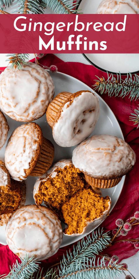 Prepare for rave reviews of "the best Christmas muffin" once you bake these bakery-style gingerbread muffins! Coated with a sweet vanilla glaze, they taste just like gingerbread cookies. Ginger Bread Muffins, Gingerbread Muffins Recipe, Freeze Muffins, Christmas Muffins, Ginger Muffins, Gingerbread Muffins, Popular Desserts Recipes, Pecan Muffins, Bakery Style Muffins