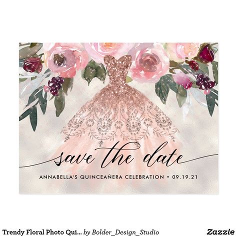 Rose Gold Gown, Rose Gold Quinceanera, Pearl Background, Date Photo, Save The Date Postcard, Floral Save The Dates, Save The Date Postcards, Save The Date Magnets, Floral Photo