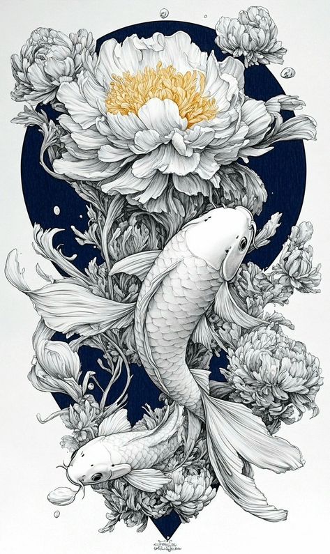 Two Koi Fish, Fish And Flowers, Koi Fish Swimming, Koi Fish Drawing, Japanese Art Prints, White Drawing, Rose Drawing, Fish Swimming, White Peonies