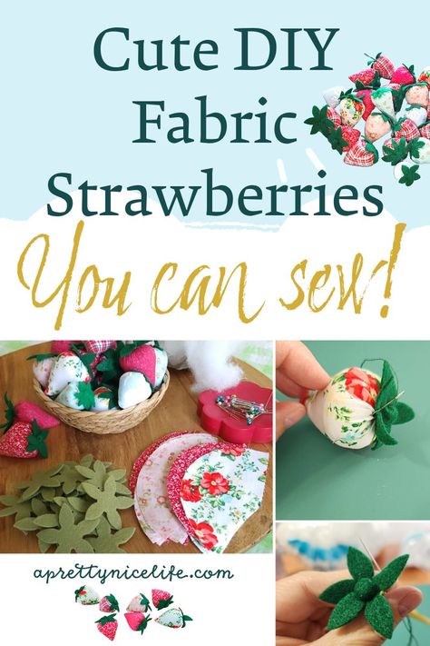 Fabric strawberry pattern easy tutorial - A Pretty Nice Life Diy Bowl Fillers, Fabric Strawberries, Strawberry Crafts, Strawberry Bowl, Mason Jar Cards, Nice Life, Scrap Busters, Strawberry Pattern, Spring Fun