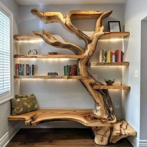 Tree Corner Bookshelf, Modernize Old Home, Corner Bookshelf Diy, Bookshelves Tree, Diy Wooden Bookshelf, Wooden Book Shelves, Bookshelf Tree, Tre Kunst, Tree Bookshelf