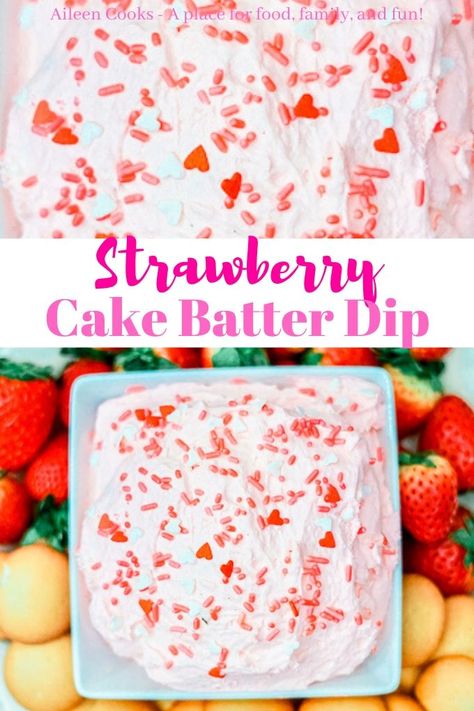 Whip up a batch of this easy and fun cake batter dip! The strawberry pudding turns this tasty dunkaroo dip pink, making it perfect for Valentine's Day! Easter Dip Recipes, Pink Food Ideas Appetizers, Valentine Dip, Barbie Themed Appetizers, Strawberry Pretzel Dessert Dip, Strawberry Cheese Cake Dip, Pink Dip, Valentine’s Day Dip, Dip For Strawberries Cream Cheese