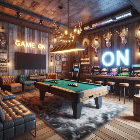 Immerse yourself in the robust environment of a rustic man cave featuring a modern pool table, a gigantic TV, home bar, and vintage arcade games. Enjoy the perfect blend of earthy ambiance and hi-tech amusement. #mancave #homedecor #interiordesign #rusticstyle #hometech #gamenight. Modern Farmhouse Game Room, Western Game Room, Tiny Man Cave, Basement Man Cave Ideas, Man Cave Barn, Farmhouse Game Room, Man Cave Ideas Room, Cabin Game Room, Teen Hangout Room