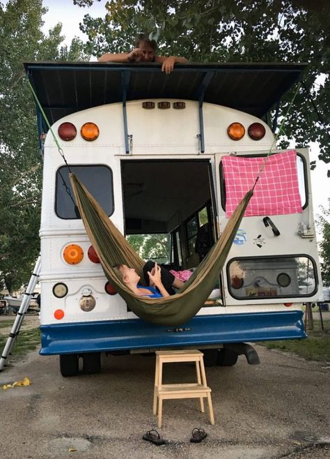 Bus Life, Bus Conversion, Rooftop Deck, Tiny Living, Camper Van, Hammock, A Woman, Van