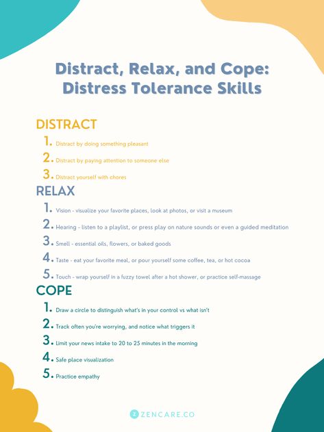 Distract, Relax, and Cope: Distress Tolerance Skills Tolerance Break Tips, Distress Tolerance Activities, Tolerance Activities, Distress Intolerance Dbt, Dbt Skills Distress Tolerance, Dbt Skills Worksheets, Distress Tolerance Worksheets, Distress Tolerance Skills, Counseling Techniques