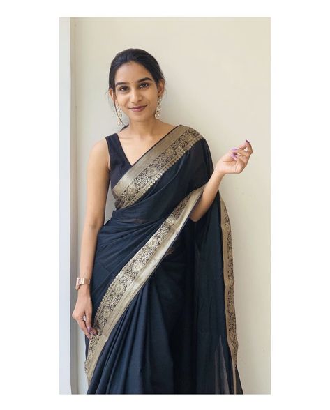 Saree For Young Women, Outfit For Freshers Party Women, Graduation Saree Ideas, Classy Sarees, Ruffle Blouse Designs, Black Blouse Designs, Onam Outfits, Farewell Sarees, Black Velvet Blouse