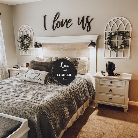 Wall Words made by jenni-lynn.com not by the name on the photo. Want a custom cut out ? Jenni-lynn.com Wood or metal email us. #iloveus #wallwords #farmhousestyle #diy #farmhousedecor #abovethebed #bedroomwalldecor #wallphrase #diywood #antiquefarmhouse #blueberrylane #smallwoods #redlinesteel #decorsteals I Love Us, Wall Words, Master Room, Diy Letters, Farmhouse Bedroom Decor, Love Us, Master Bedrooms Decor, Remodel Bedroom, My New Room