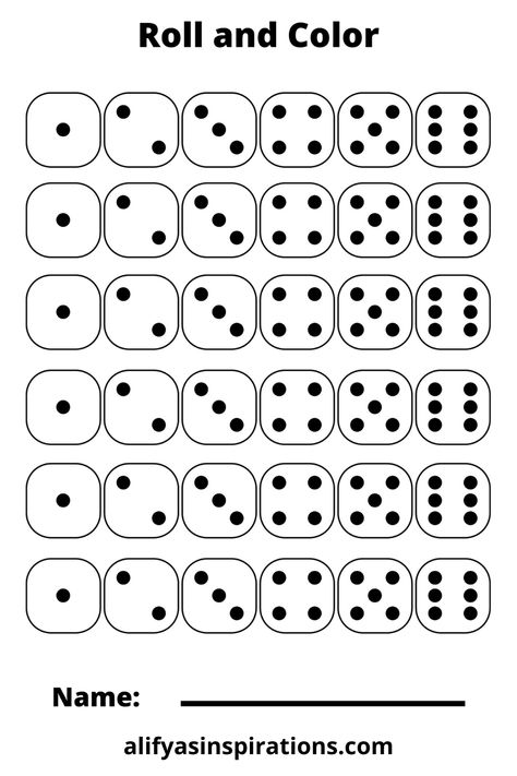 Roll and color is a fun preschool printable for kids. An Easy and engaging game that makes learning fun. Helps with matching, counting and math skills. #preschool #homeschool Roll And Count Preschool, Dice Worksheets Free Printable, Dice Activities For Preschool, Dice Games For Kids Free Printables, Dice Games For Kids, Math Counting Games, Dice Math Games, Easy Math Activities, Learning Games For Preschoolers