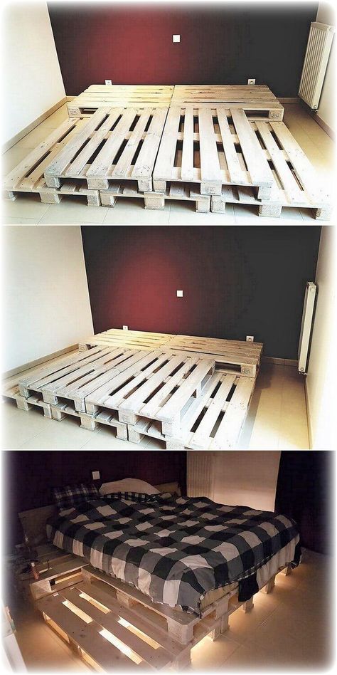 Full Size Pallet Bed Diy, Full Pallet Bed Frame, Palette Bed Ideas, King Size Pallet Bed Diy, Queen Size Pallet Bed Frame Diy, Diy Pallet Bed Ideas, Diy Seng, Palette Bed, Pallet Bed Frame Diy