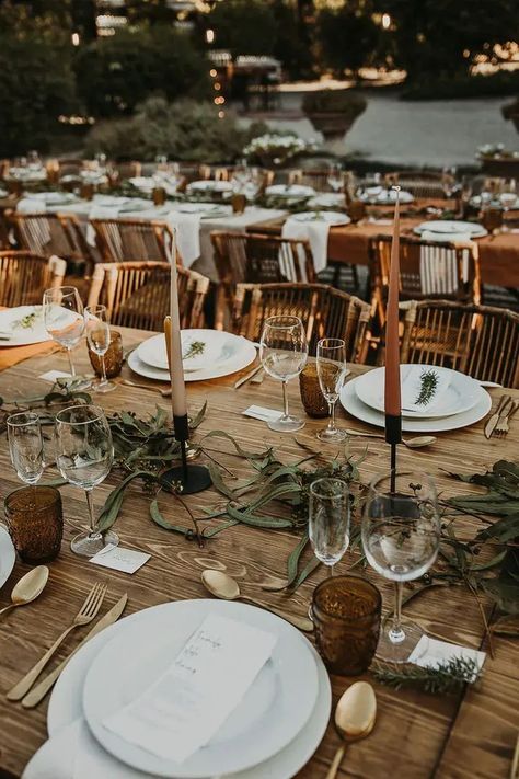 Taupe Fall Wedding, Jennifer Behr Bridal, Outdoor Forest Wedding, Stunning Wedding Cakes, Orange Candles, Branch Table, Earthy Wedding, Table Designs, Eco Friendly Decor