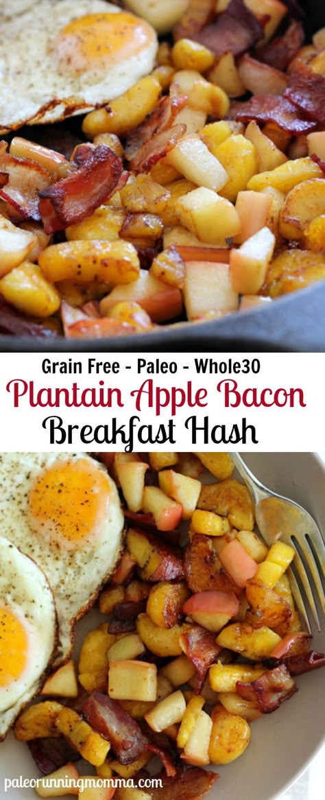 Sweet Plantain Apple Bacon Breakfast Hash - Paleo and Whole30 friendly! Whole Food Snack Ideas, Breakfast Paleo, Whole 30 Breakfast, Breakfast Hash, Bacon Breakfast, Brunch Buffet, Hash Brown, Fried Eggs, Recipe 30