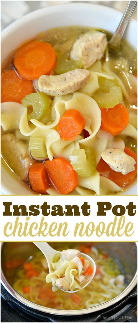 The best Instant Pot chicken noodle soup recipe that takes just 5 minutes and it's done! Super healthy pressure cooker soup recipe we all love! via @thetypicalmom Pressure Cooker Soup, Pressure Cooker Soup Recipes, Instant Pot Chicken Noodle Soup, Instant Pot Chicken Noodle, Zone Recipes, Chicken Noodle Soup Recipe, Noodle Soup Recipe, Food Factory, Instant Pot Soup Recipes