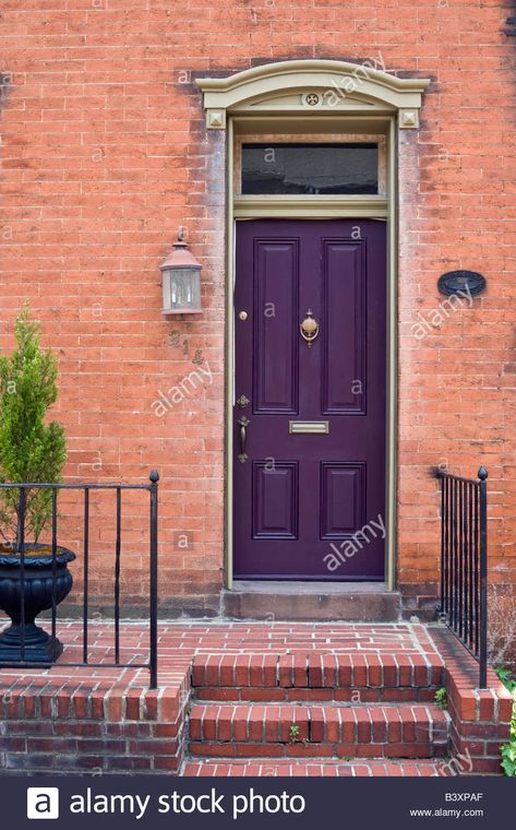 Purple front door of home in historic Frederick Maryland Stock Photo Deep Purple Front Door, Purple Front Door, Edwardian Decor, Orange Brick Houses, Victorian Home Ideas, Purple Front Doors, Photo Purple, Front Door Color, Orange Brick