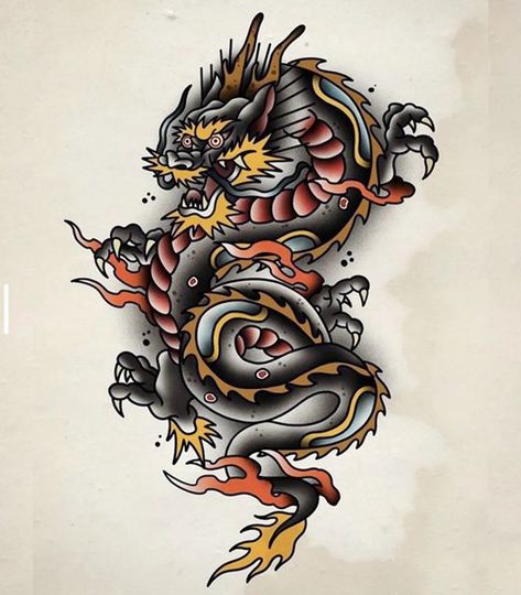 I will do your tattoo design with a real tattoo artist Traditional Tattoo Art Dragon, Old School Dragon Tattoo Designs, Neo Traditional Tattoos Dragon, Dragon Tattoo Traditional Old School, Traditional And Realism Tattoo, Neo Trad Dragon, Traditional Dragon Tattoo Design, Trad Dragon Tattoo, Old School Dragon Tattoo